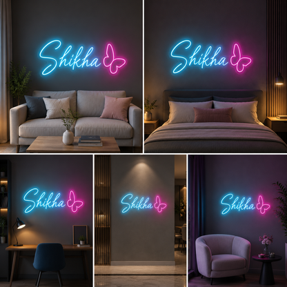 Custom Butterfly LED Neon Name Sign with Acrylic Backboard for Bedroom and Home Decor
