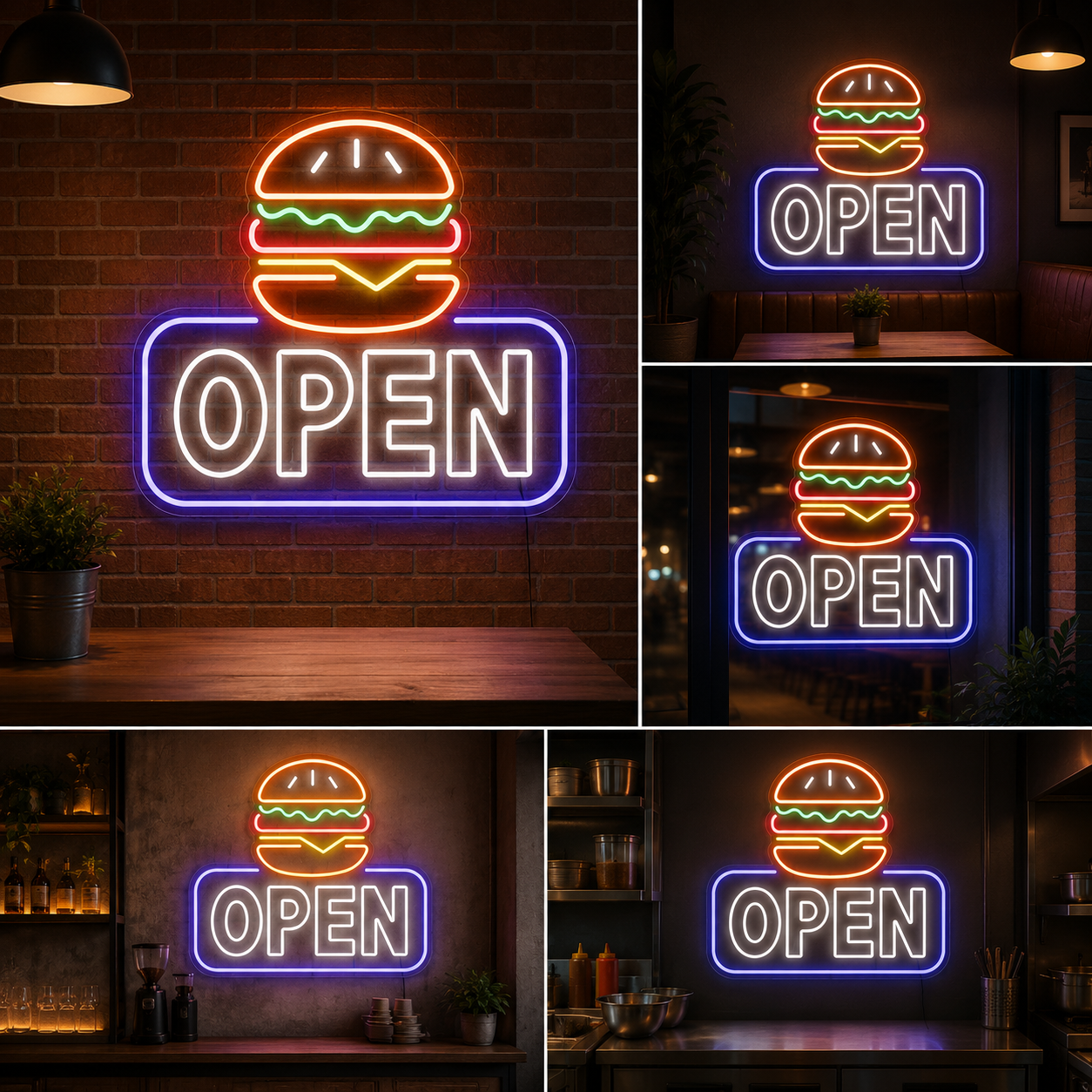 Burger Open Neon Sign LED Wall Light Big Size Restaurant & Cafe Decor (24 By 15 Inches)
