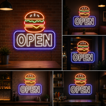 Burger Open Neon Sign LED Wall Light Big Size Restaurant & Cafe Decor (24 By 15 Inches)