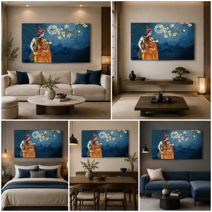 Radha Krishna Moonlight Canvas Painting Frame Floral Night Wall Art for Living Room Decor