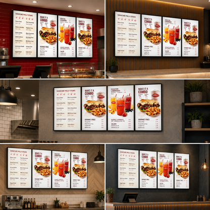 LED Backlit Restaurant Menu Display Panels | Illuminated Wall Mounted Menu Boards for QSR, Café & Food Outlets