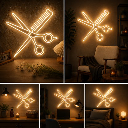 Scissor Comb Neon Sign | Comb Custom Neon Sign | Neon for Salon (20 By 20 Inches)