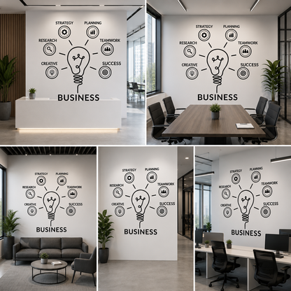Business Strategy Wall Decal with Lightbulb Concept – Office Wall Decor for Planning, Teamwork & Success Motivation