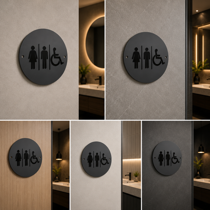 Accessible Restroom Sign with Male Female and Wheelchair Icons | Inclusive Bathroom Door Sign