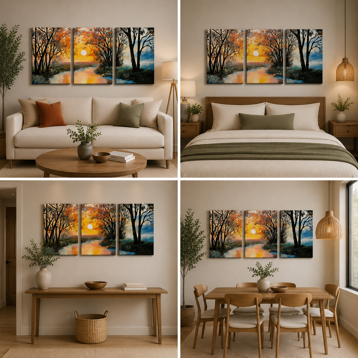 Sunset Forest Landscape Triptych Canvas Wall Art for Modern Living Room Home Decor