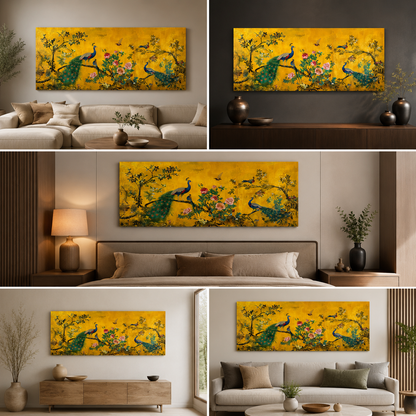 Royal Peacock Garden Canvas Wall Painting | Luxury Golden Floral Bird Artwork | Premium Statement Wall Decor