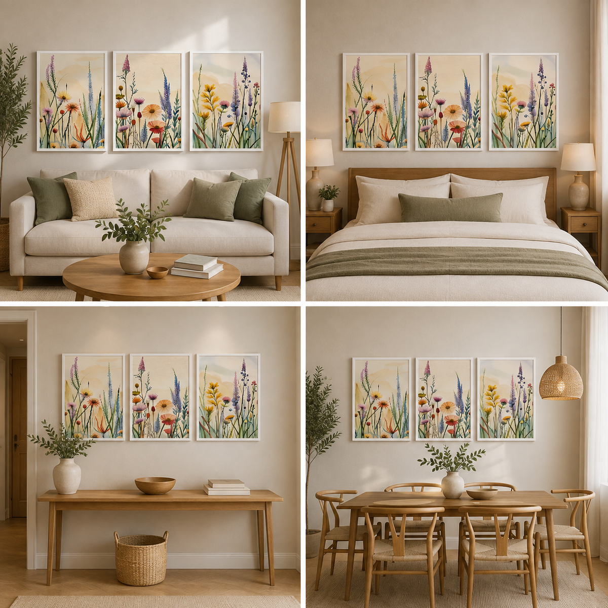 Elegant Wildflower Botanical Triptych Canvas Wall Art for Modern Living Room Home Decor