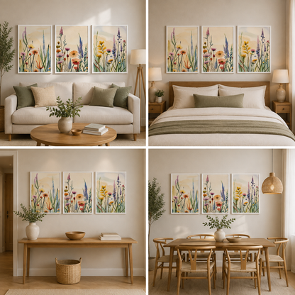 Elegant Wildflower Botanical Triptych Canvas Wall Art for Modern Living Room Home Decor