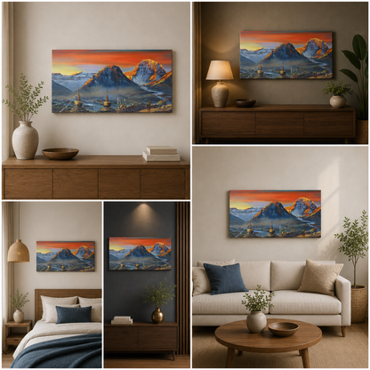 Himalayan Sunrise Landscape Canvas Painting with Snow Mountains & Prayer Flags – Large Size Canvas Wall Art for Living Room