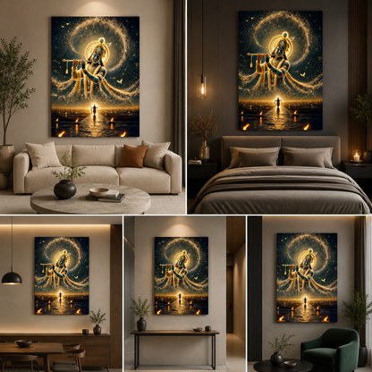 Lord Krishna Canvas Painting Frame | Divine Flute Spiritual Wall Art for Living Room Decor
