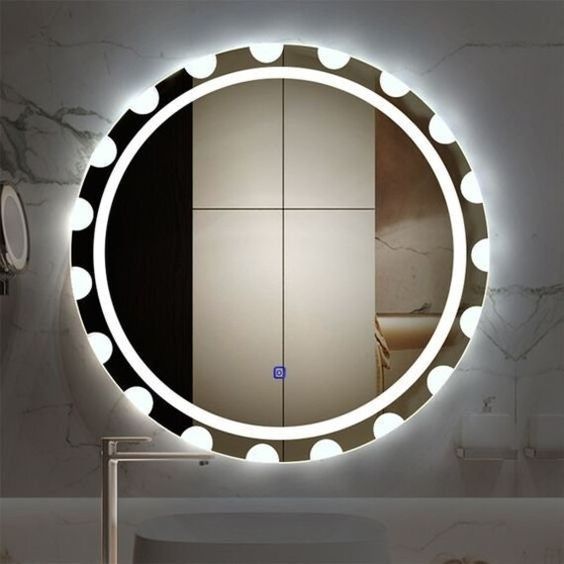 decorative circular LED mirror with geometric light pattern for contemporary bathroom décor