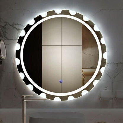 decorative circular LED mirror with geometric light pattern for contemporary bathroom décor