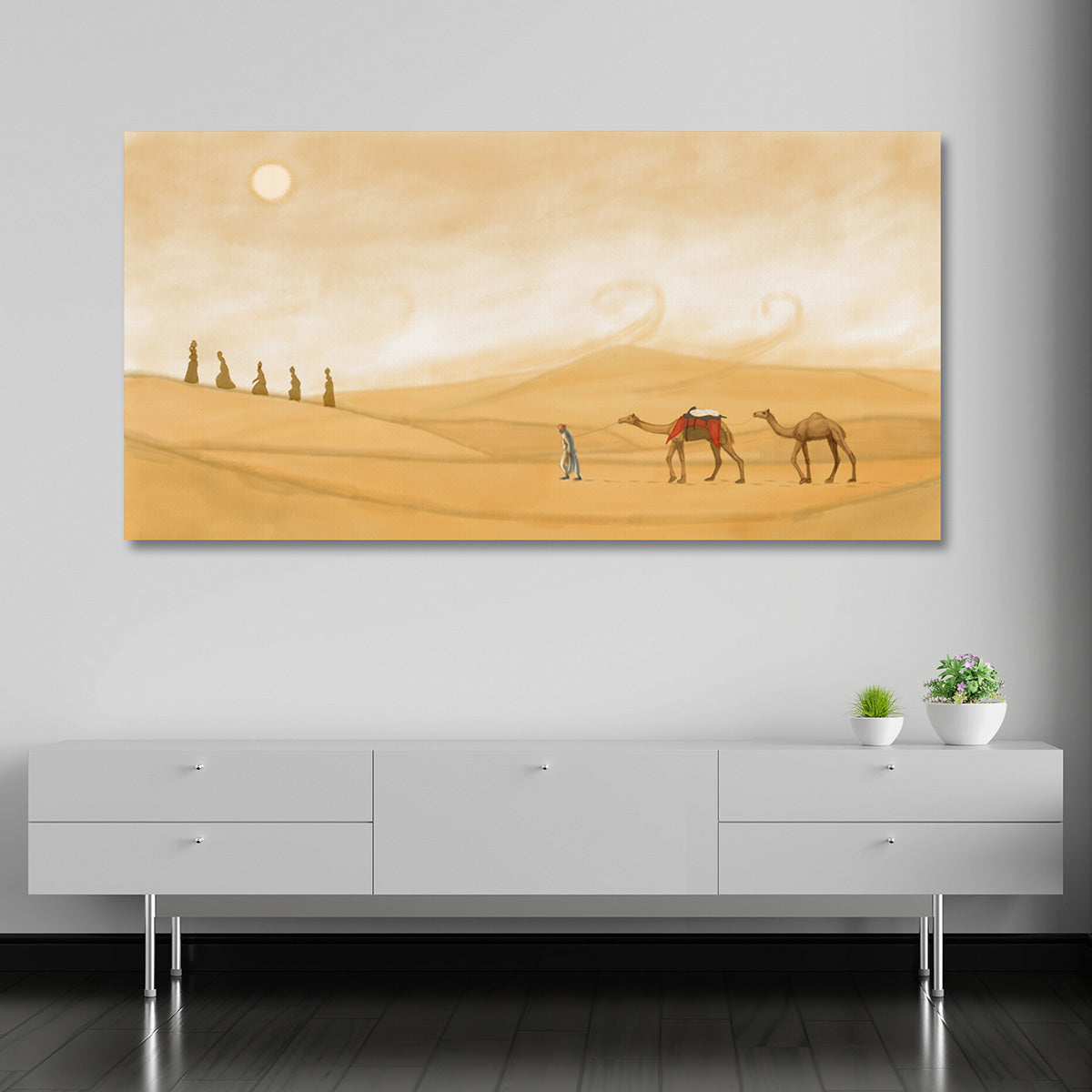 Desert caravan camel canvas painting with sand dunes landscape wall art