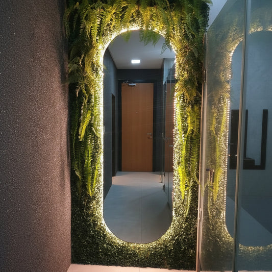 designer full length arch LED mirror with warm backlight green wall décor luxury dressing mirror