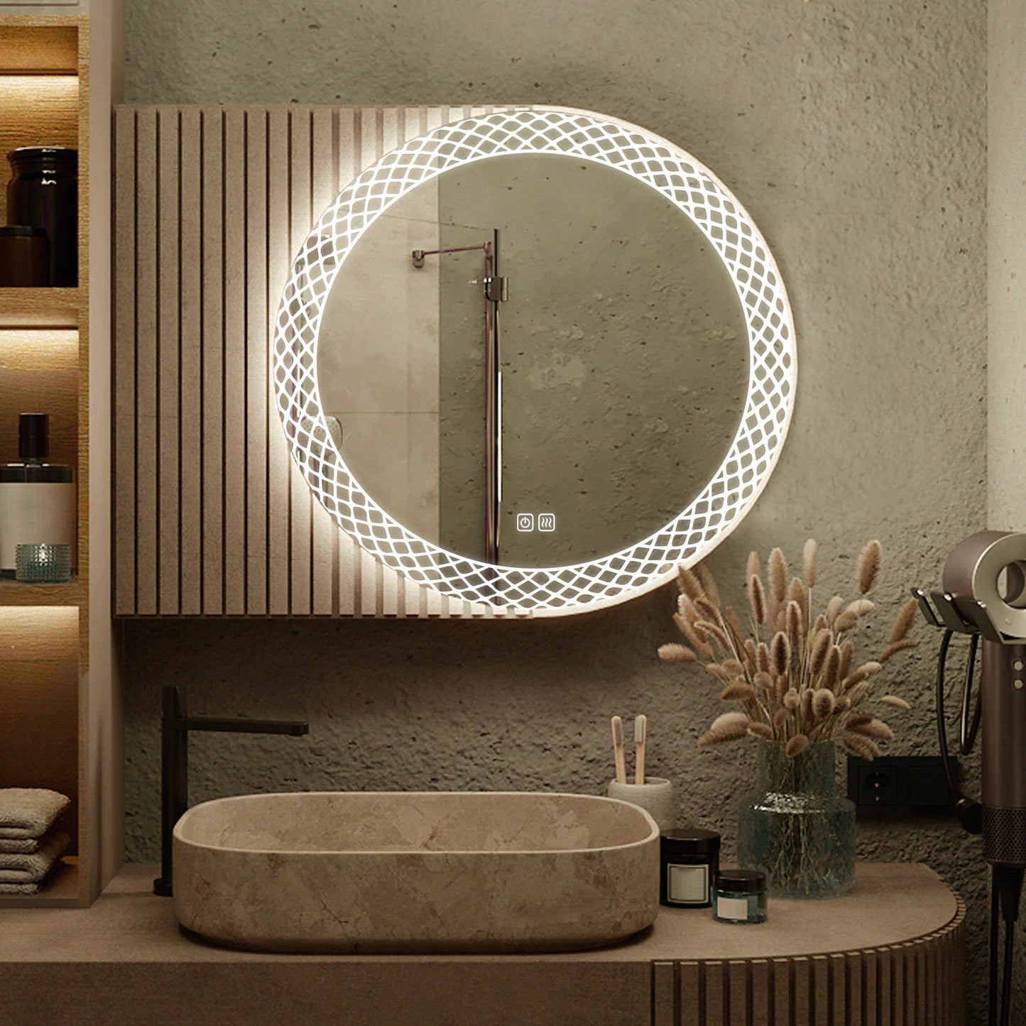 designer round LED bathroom mirror with patterned backlight modern vanity setup luxury interior