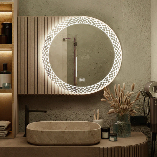 designer round LED bathroom mirror with patterned backlight modern vanity setup luxury interior