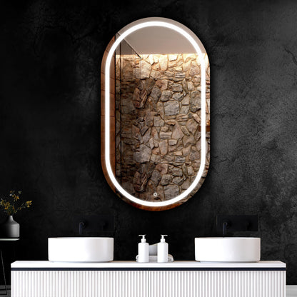 designer circular LED wall mirror with unique open ring lighting modern bathroom décor