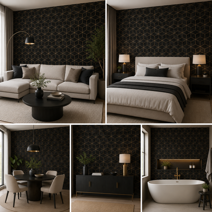 Premium Luxury Solid Black Cubicles Pattern Wallpaper