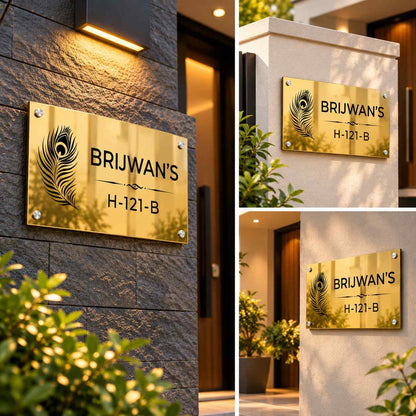 Custom Gold Acrylic House Name Plate with Peacock Feather Design for Home Entrance