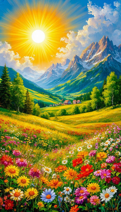 Mountain Meadow Ceiling Panel with Floral Landscape for Luxury Living Room Decor