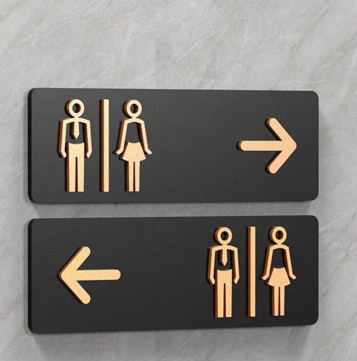 Directional restroom signage with left and right arrows and male female icons
