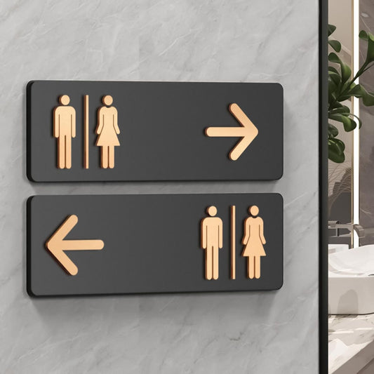 Directional restroom sign with arrows and men women icons
