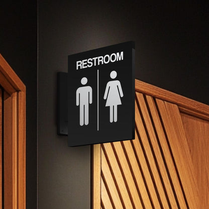 Double sided restroom hanging sign with men women icons
