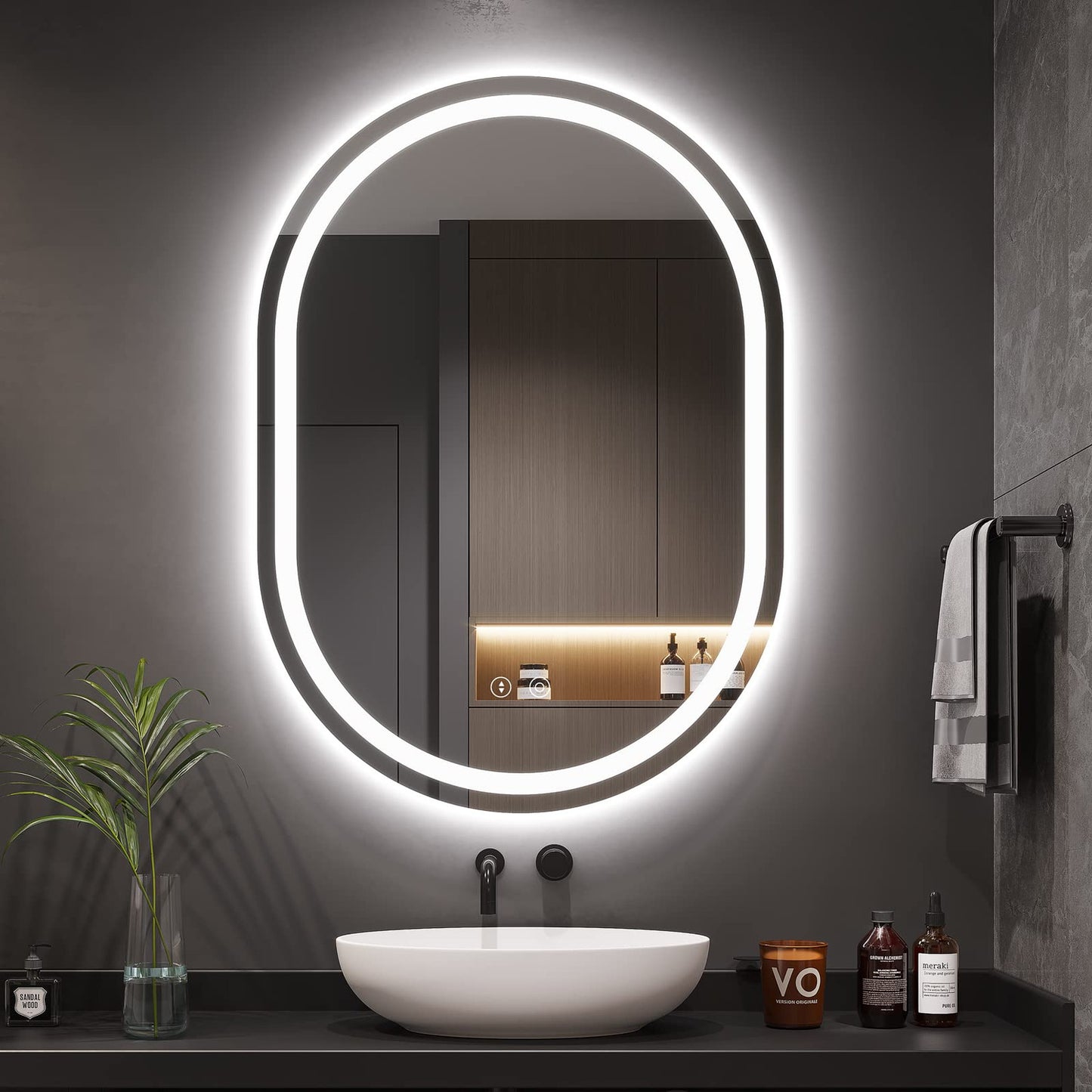 double circular LED wall mirrors with ambient lighting modern bathroom décor with wooden finish