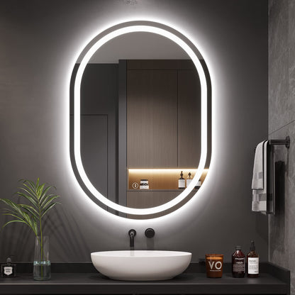 double circular LED wall mirrors with ambient lighting modern bathroom décor with wooden finish
