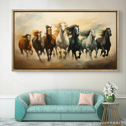 Framed artwork of running horses above a teal sofa in a living room.