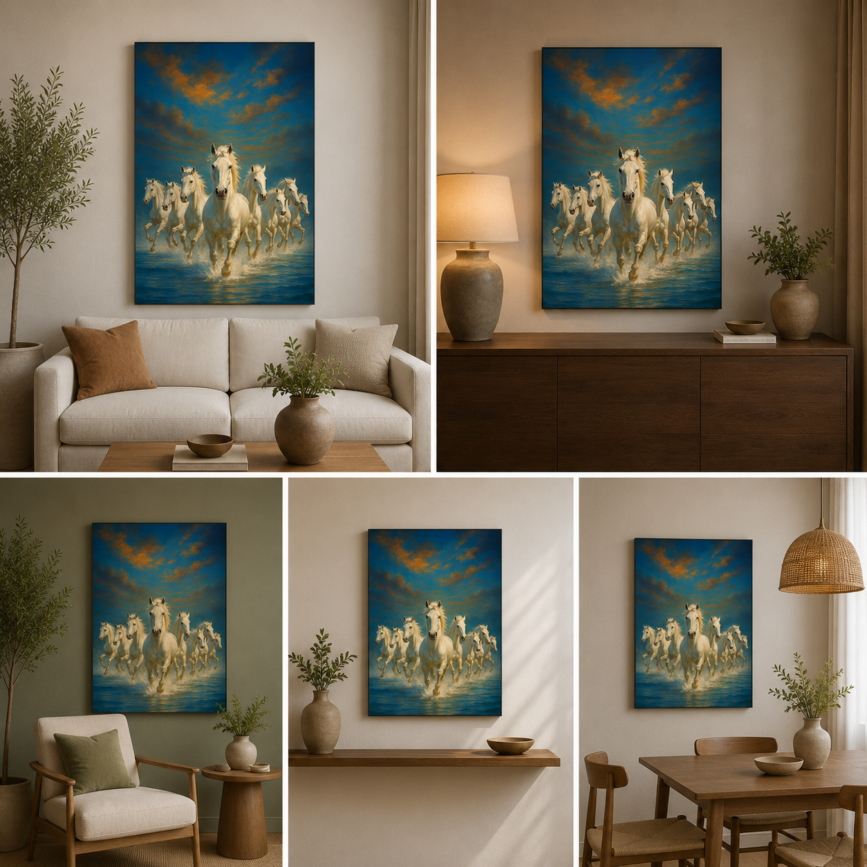 7 Running White Horses Sea Painting | Vastu Ocean Canvas Art for Home & Office Decor