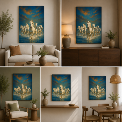7 Running White Horses Sea Painting | Vastu Ocean Canvas Art for Home & Office Decor
