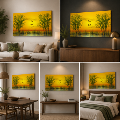 Golden Sunset Nature Canvas Wall Painting | Bamboo Lake Wall Art