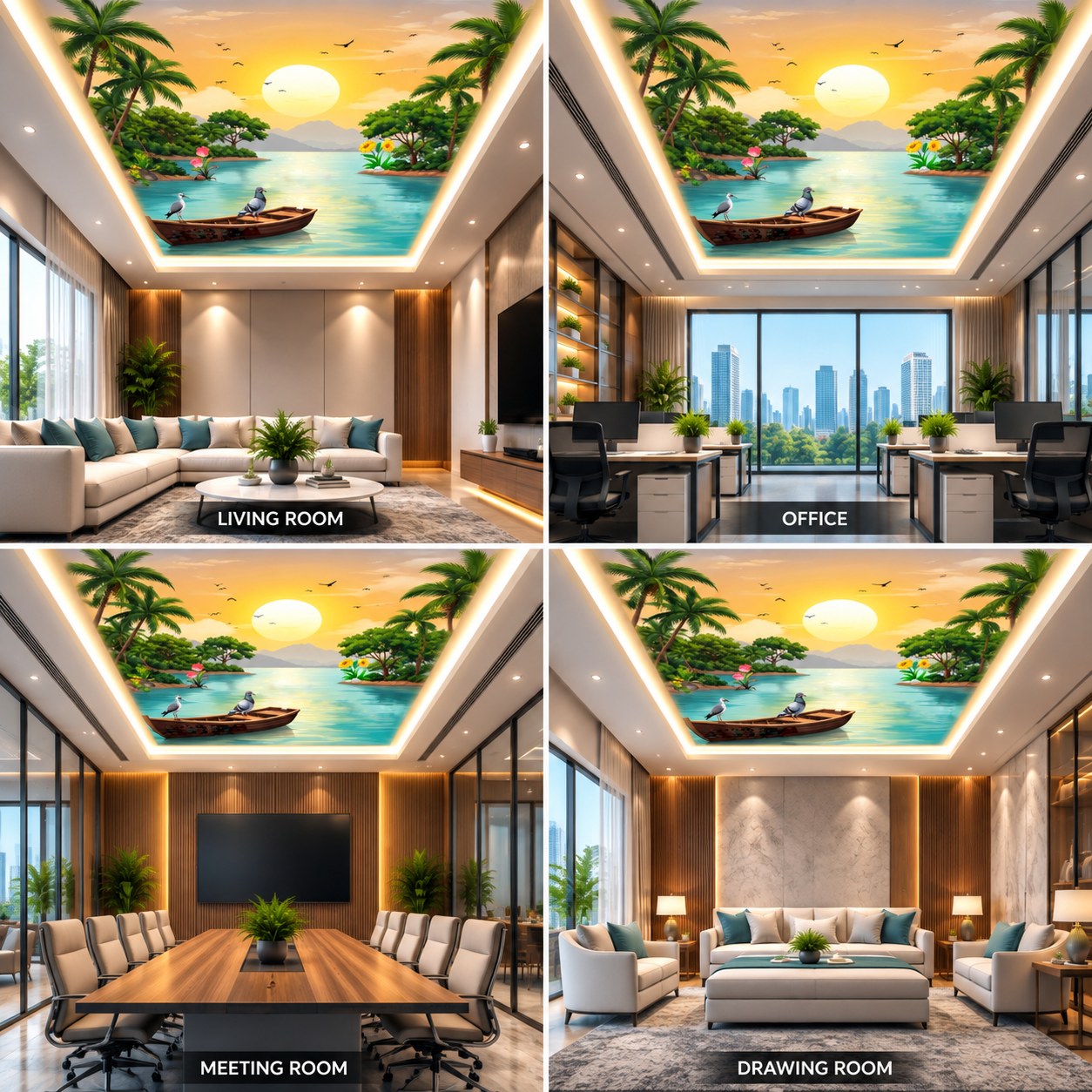 Tropical Lake Ceiling Panel with Palm Trees and Boat for Luxury Living Room Decor