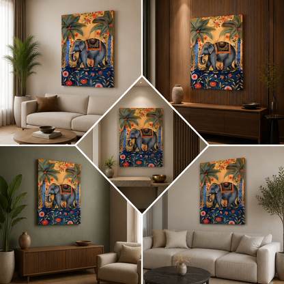 Elephant Canvas Wall Art | Traditional Indian Wildlife Painting for Home Decor, Living Room & Office