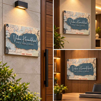Personalized Travel Map Nameplate with Custom Name and Inspirational Travel Quote Sign