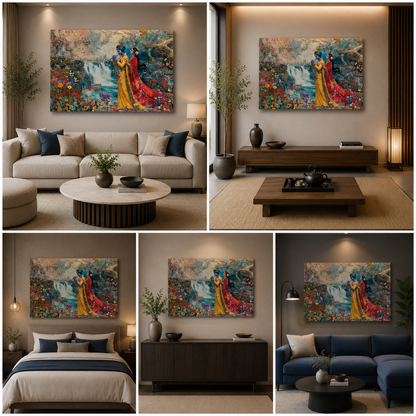 Radha Krishna Waterfall Canvas Painting Frame Wall Decor for Living Room Nature Spiritual Artwork