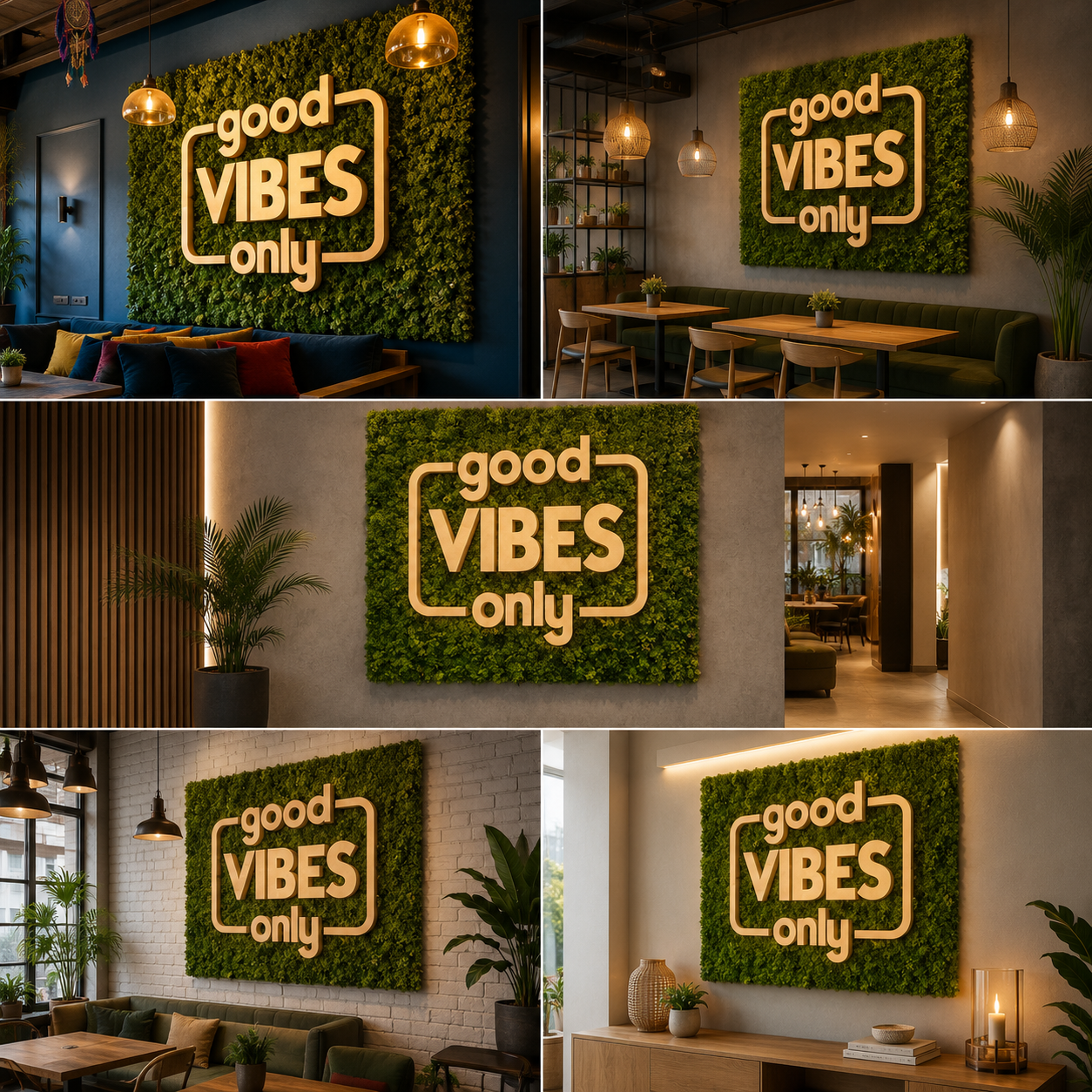 Artificial Moss Wall Panel Good Vibes Only Sign Green Feature Wall Decor for Cafe Restaurant and Lounge Interiors