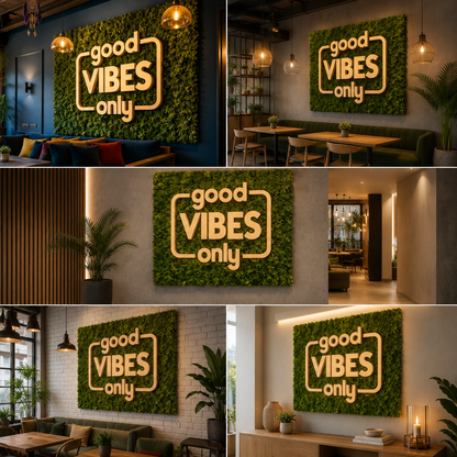 Artificial Moss Wall Panel Good Vibes Only Sign Green Feature Wall Decor for Cafe Restaurant and Lounge Interiors