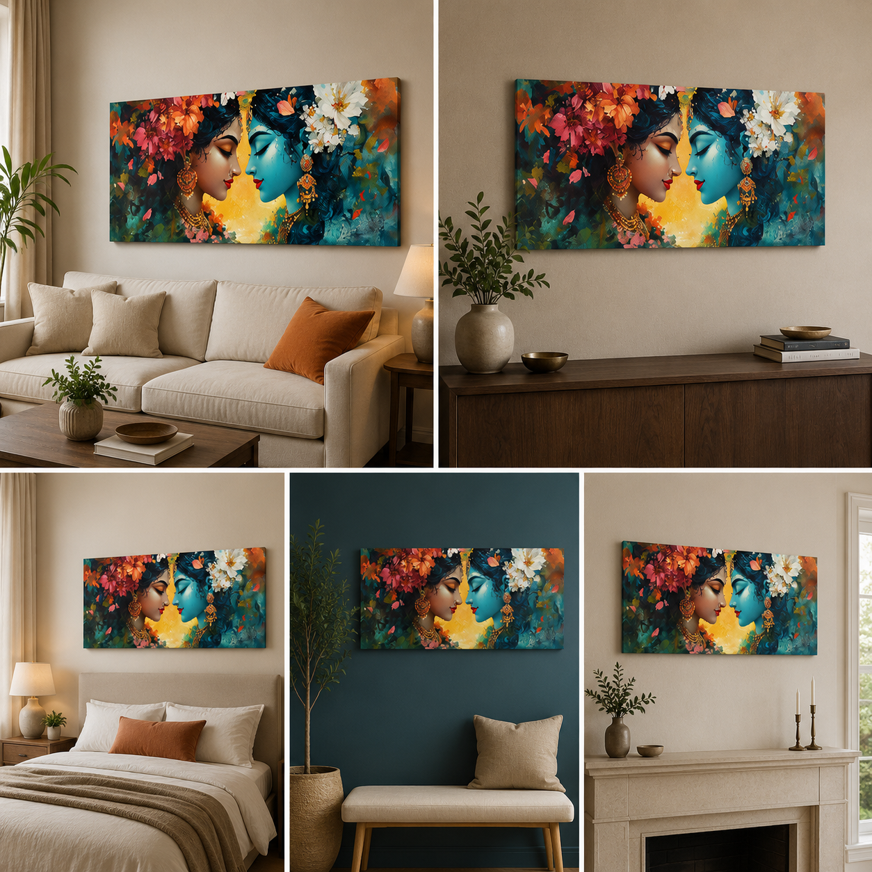 Radha Krishna Vibrant Floral Canvas Painting Frame Horizontal Wall Art for Living Room Decor