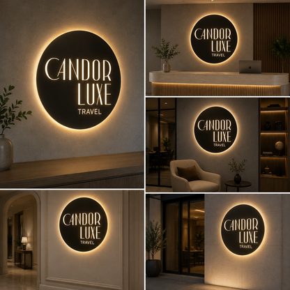 LED Circular Black Acrylic Logo Sign Premium Backlit Halo Round Wall Sign for Luxury Travel Agency and Office Branding