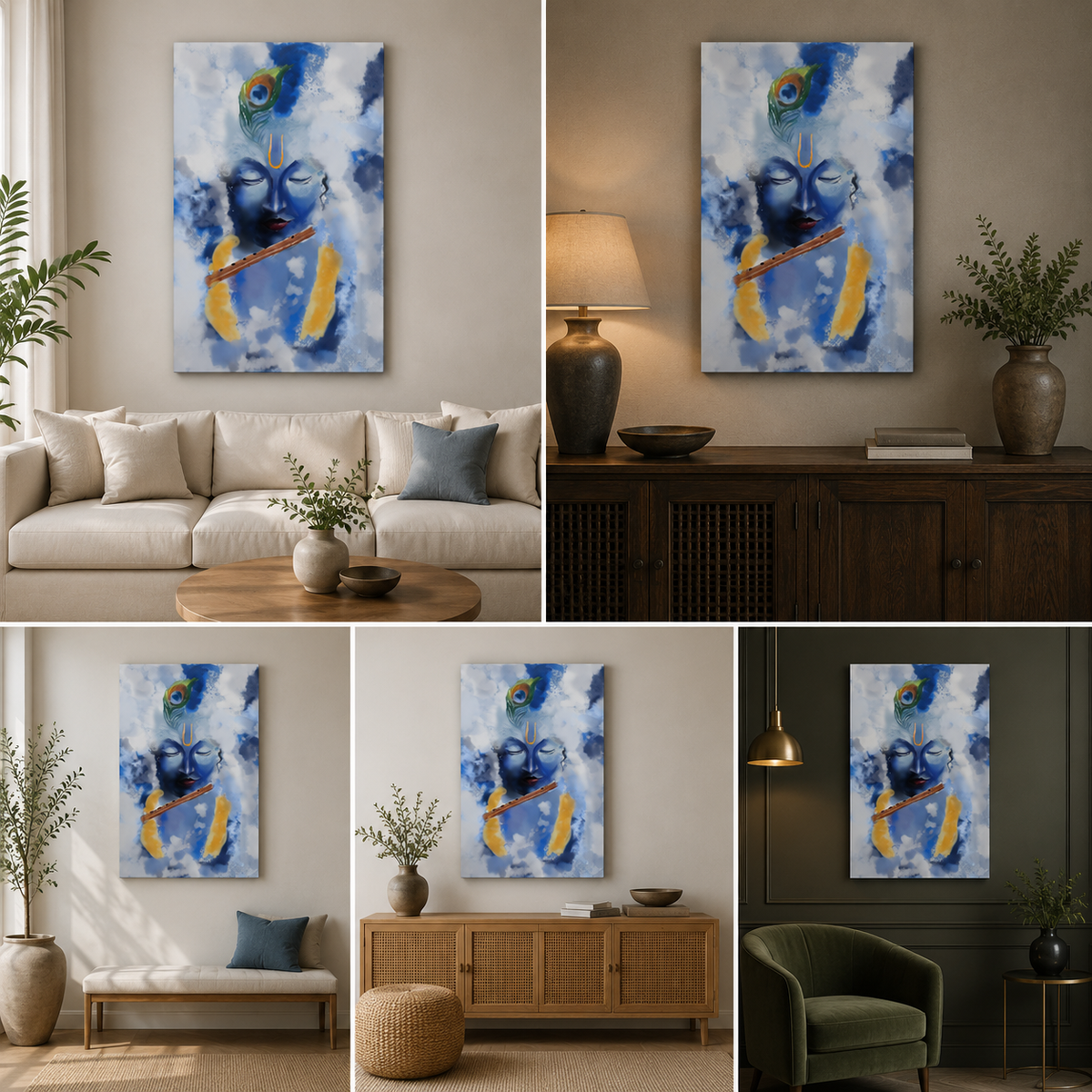 Modern Lord Krishna Abstract Canvas Painting Frame Wall Decor for Living Room Spiritual Artwork
