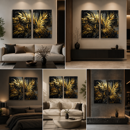 Abstract Gold Palm Leaf Canvas Painting Wall Art Set Frame (18 x 24 Inches Each Part)