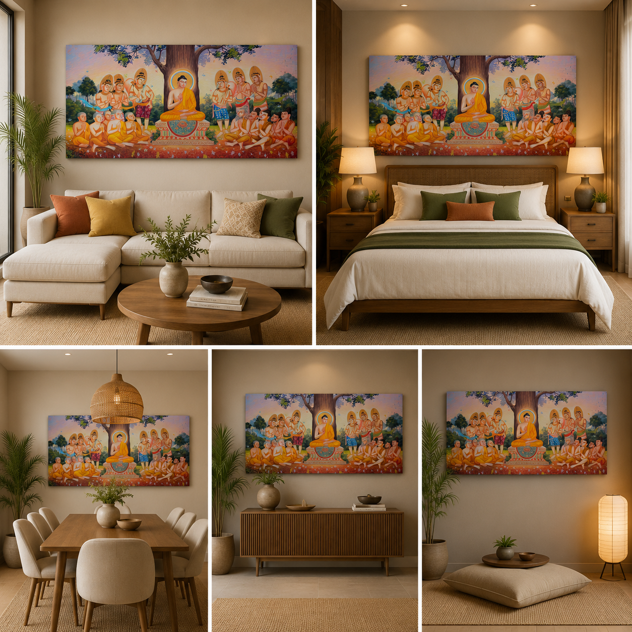 Lord Buddha Painting under Bodhi Tree with Disciples Wall Frame for Living Room