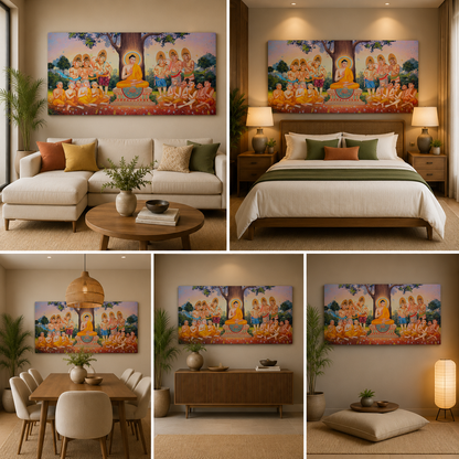 Lord Buddha Painting under Bodhi Tree with Disciples Wall Frame for Living Room