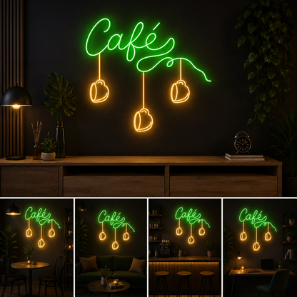 Cafe Hanging Cups Neon Sign Board – Custom Neon Light Wall Decor (30 By 20 Inches)