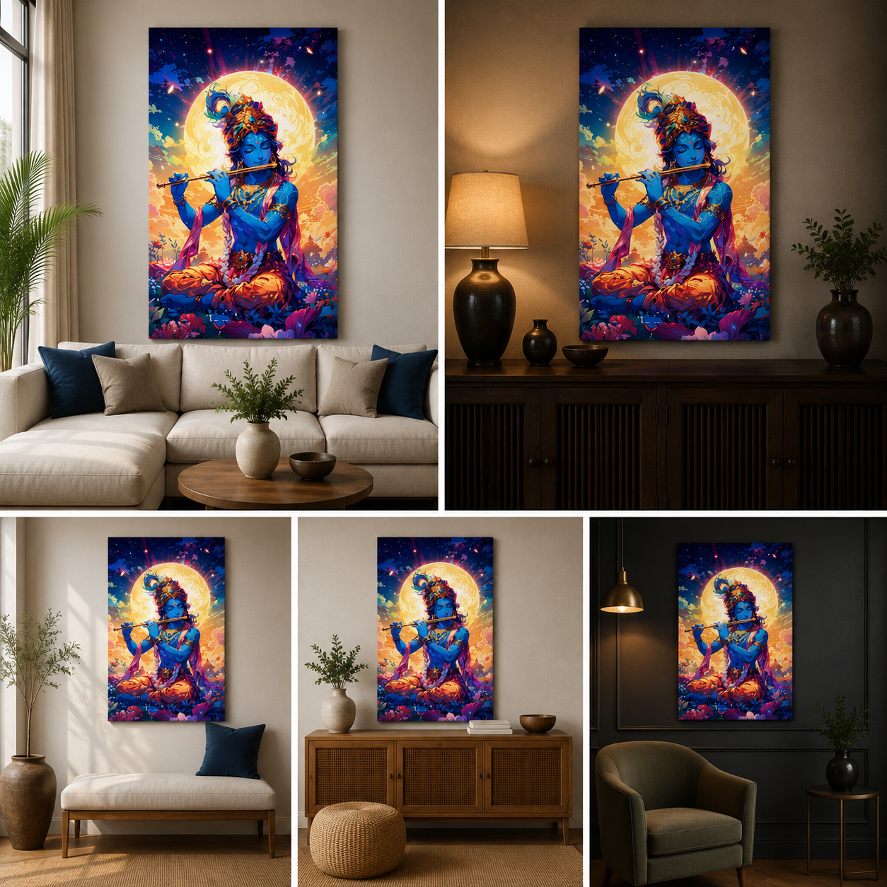 Lord Krishna Moonlight Canvas Painting Frame Vibrant Spiritual Wall Decor for Living Room
