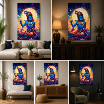 Lord Krishna Moonlight Canvas Painting Frame Vibrant Spiritual Wall Decor for Living Room