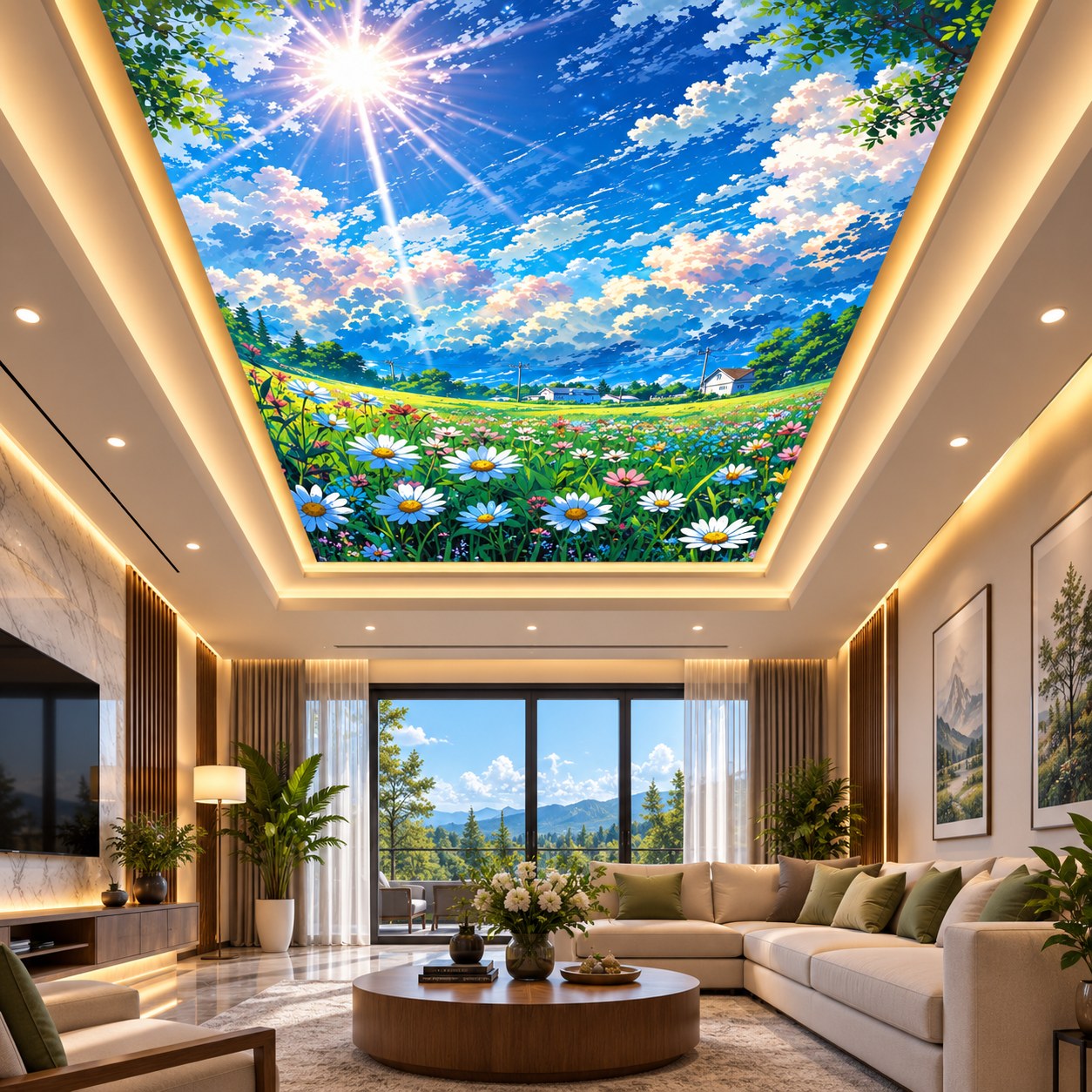 3D Floral Sky Ceiling Design with Blue Sky, Sun & Flowers for Luxury Home & Office