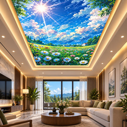 3D Floral Sky Ceiling Design with Blue Sky, Sun & Flowers for Luxury Home & Office